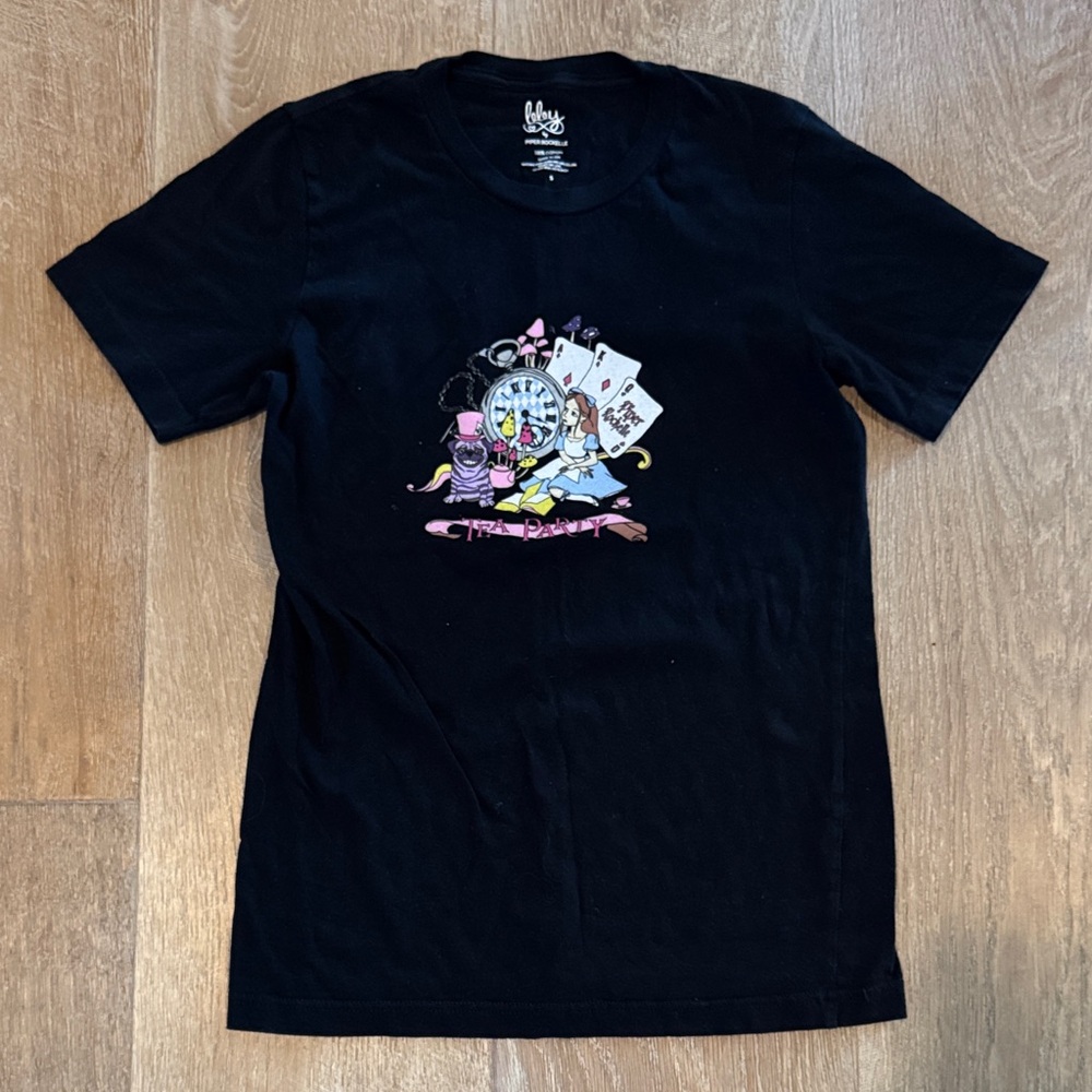 Piper Rachelle Black Graphic Tee with Alice inspired Playing Cards Design